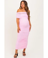 Pinkblush Maternity Light Pink Ruched Mesh Foldover Off Shoulder Maxi Dress