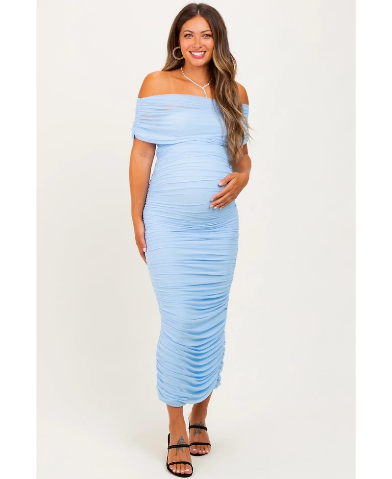 Pinkblush Maternity Light Pink Ruched Mesh Foldover Off Shoulder Maxi Dress