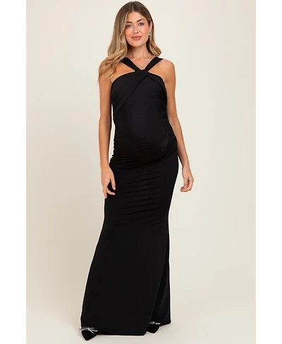 Pinkblush Maternity Black Twist Front Ruched Maxi Dress