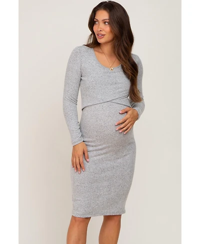 Pinkblush Maternity Heather Grey Brushed Knit Long Sleeve Wrap Nursing Dress