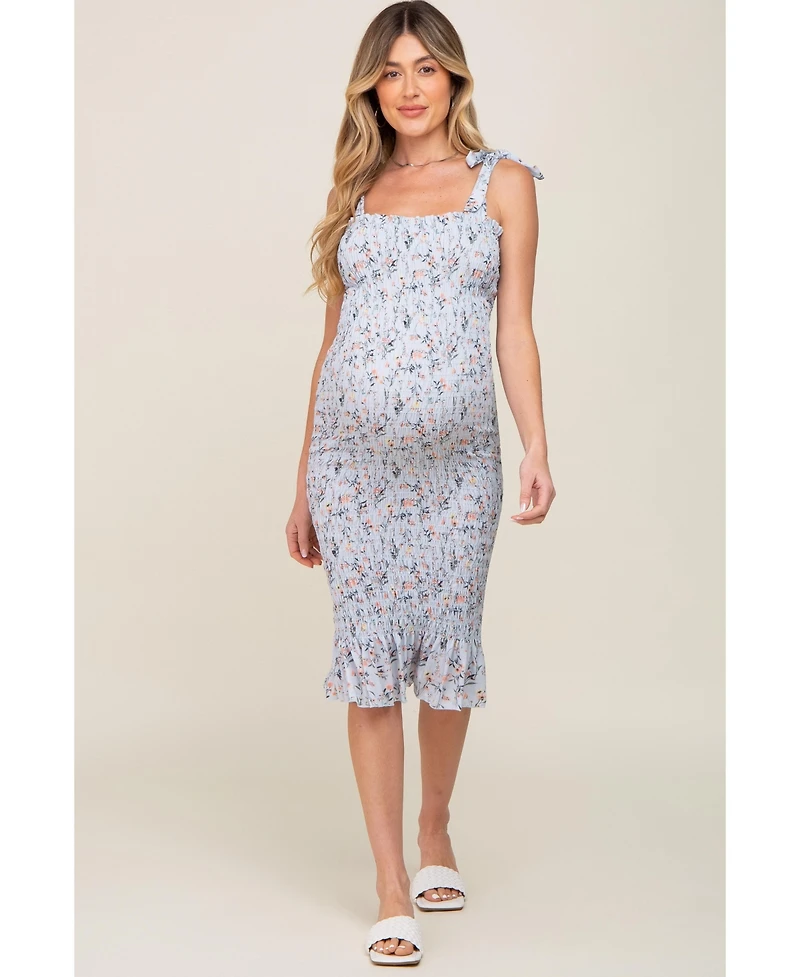 Pinkblush Light Blue Floral Smocked Fitted Maternity Dress
