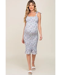 Pinkblush Light Blue Floral Smocked Fitted Maternity Dress