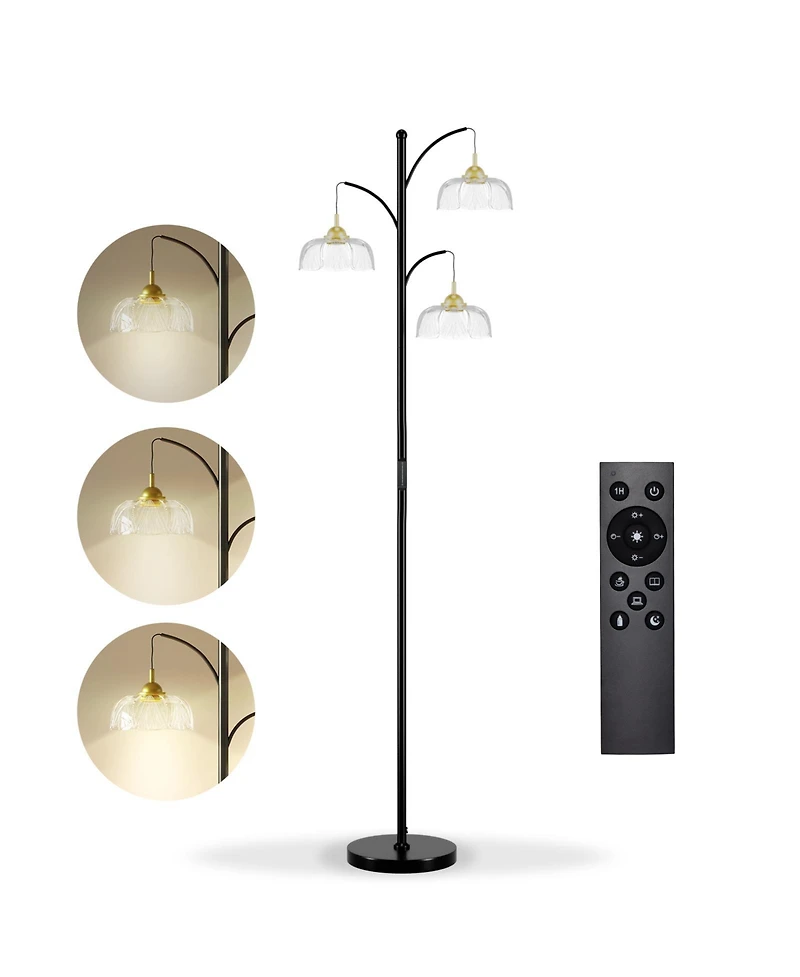 Modern Standing Floor Lamp with Led Bulbs, 3 Adjustable Heads and Petal Glass Shades