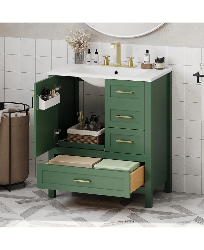 Lovmor 30inch Green Bathroom Vanity with Sink Combination Set Bathroom Storage Cabinet and Removable Tray Solid Wood Frame