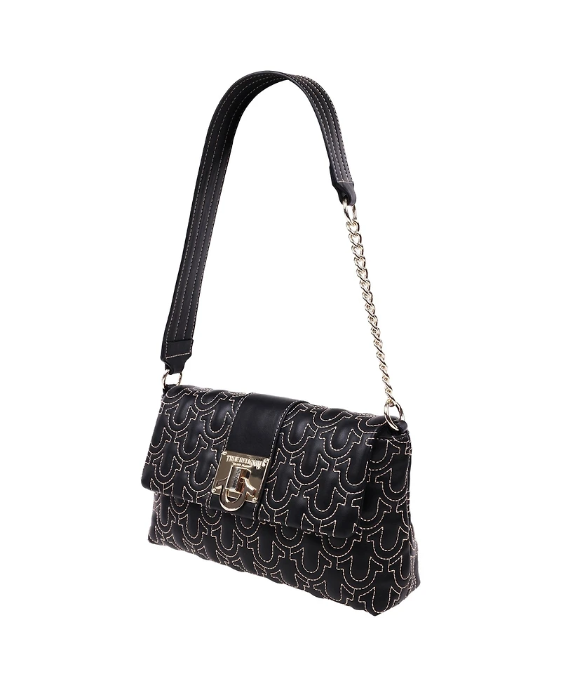 True Religion Horseshoe Quilt Logo Plaque Flap Shoulder Bag