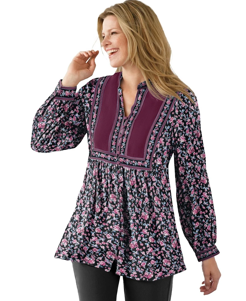 Woman Within Plus Button-Front Mixed Print Tunic