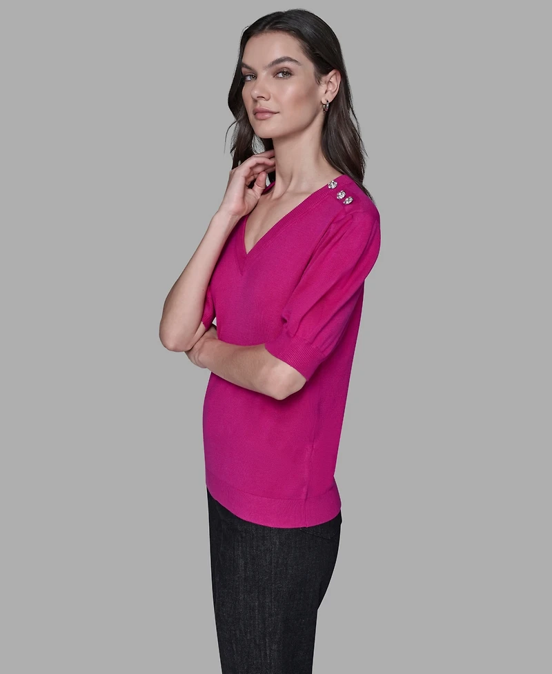 Karl Lagerfeld Paris Women's V-Neck Button Detail Sweater