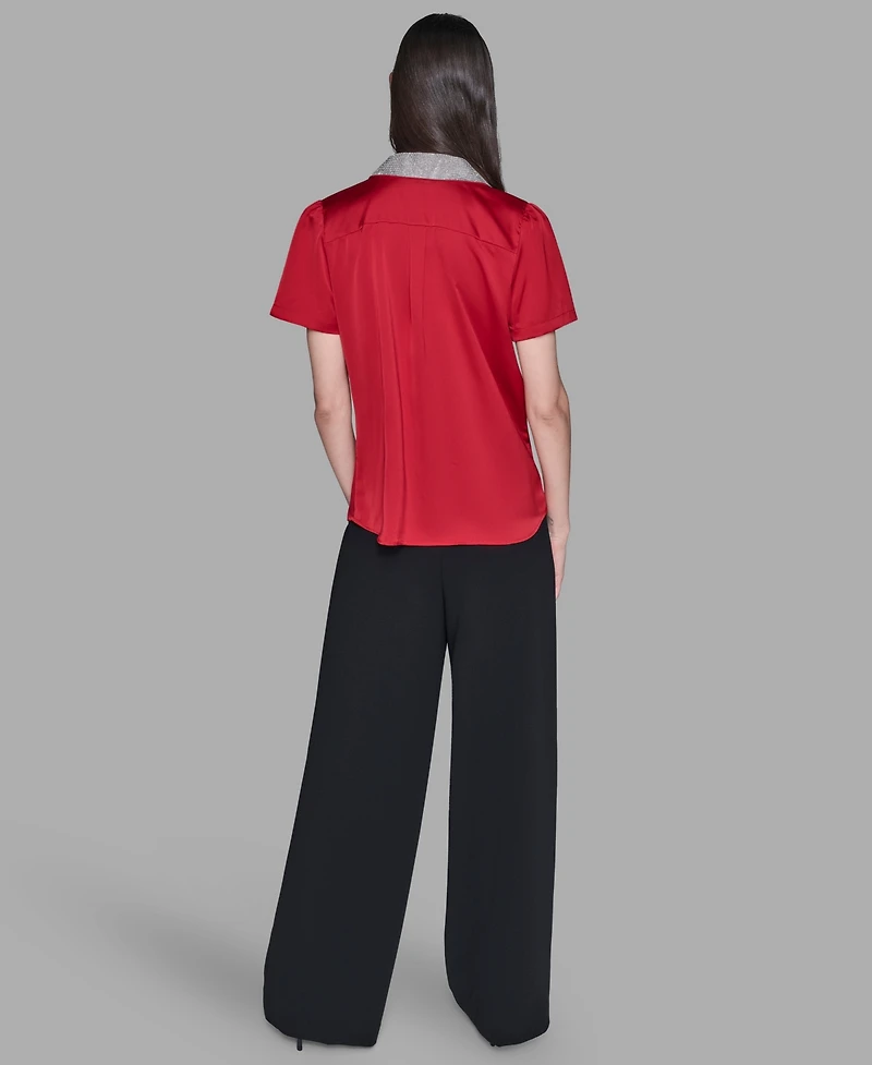 Karl Lagerfeld Paris Women's Collar Embellished Short Sleeve Top