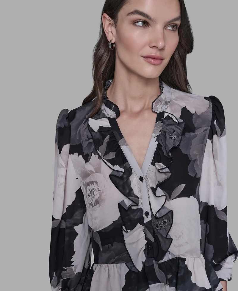 Karl Lagerfeld Paris Women's V-Neck Floral Print Ruffle Detail Top