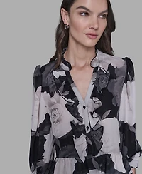 Karl Lagerfeld Paris Women's V-Neck Floral Print Ruffle Detail Top
