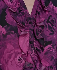 Karl Lagerfeld Paris Women's V-Neck Floral Print Ruffle Detail Top