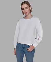 Karl Lagerfeld Paris Women's Crewneck Crystal Neck Top