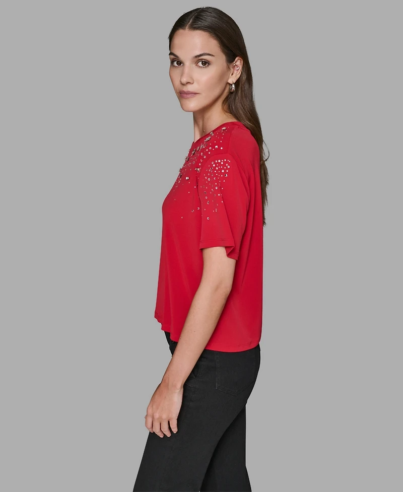 Karl Lagerfeld Paris Women's Crewneck Embellished Top