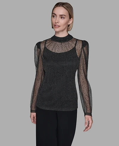Karl Lagerfeld Paris Women's Metallic Mesh High Neck Top