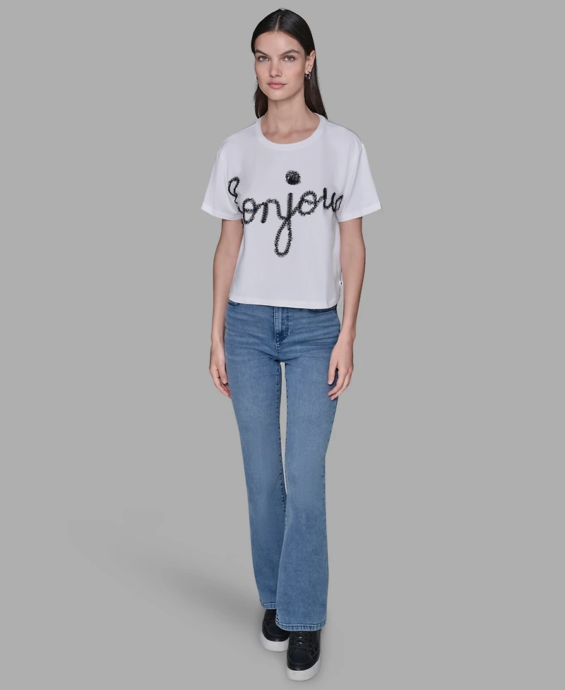 Karl Lagerfeld Paris Women's Crewneck Bonjour Printed T-Shirt