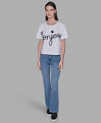 Karl Lagerfeld Paris Women's Crewneck Bonjour Printed T-Shirt