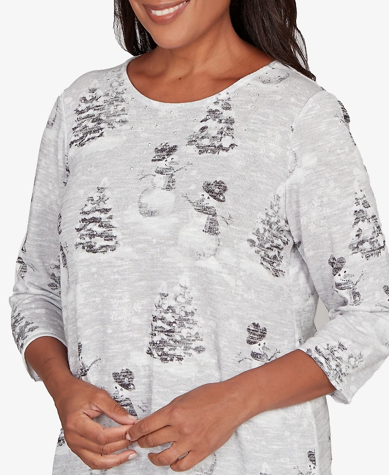 Alfred Dunner Stockbridge Playful Snowmen Scene Knit Top