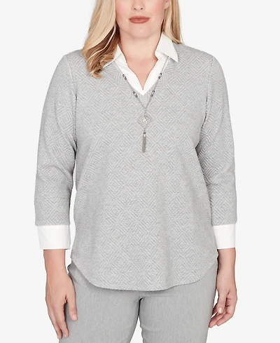 Alfred Dunner Stockbridge Diamond Jacquard Two One Top with Necklace