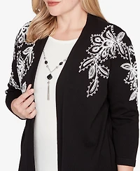 Alfred Dunner Barcelona Floral Soutache Two One Sweater with Necklace