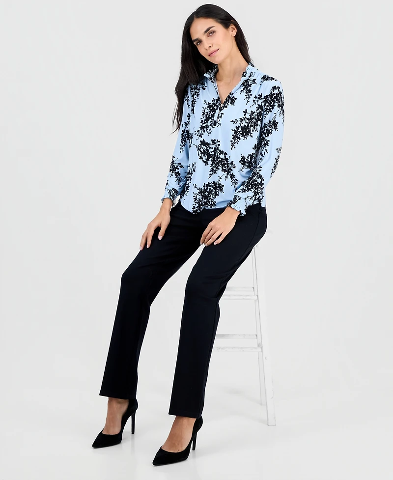 Ak Anne Klein Petite Ruffled-Neck Smocked-Cuff Top