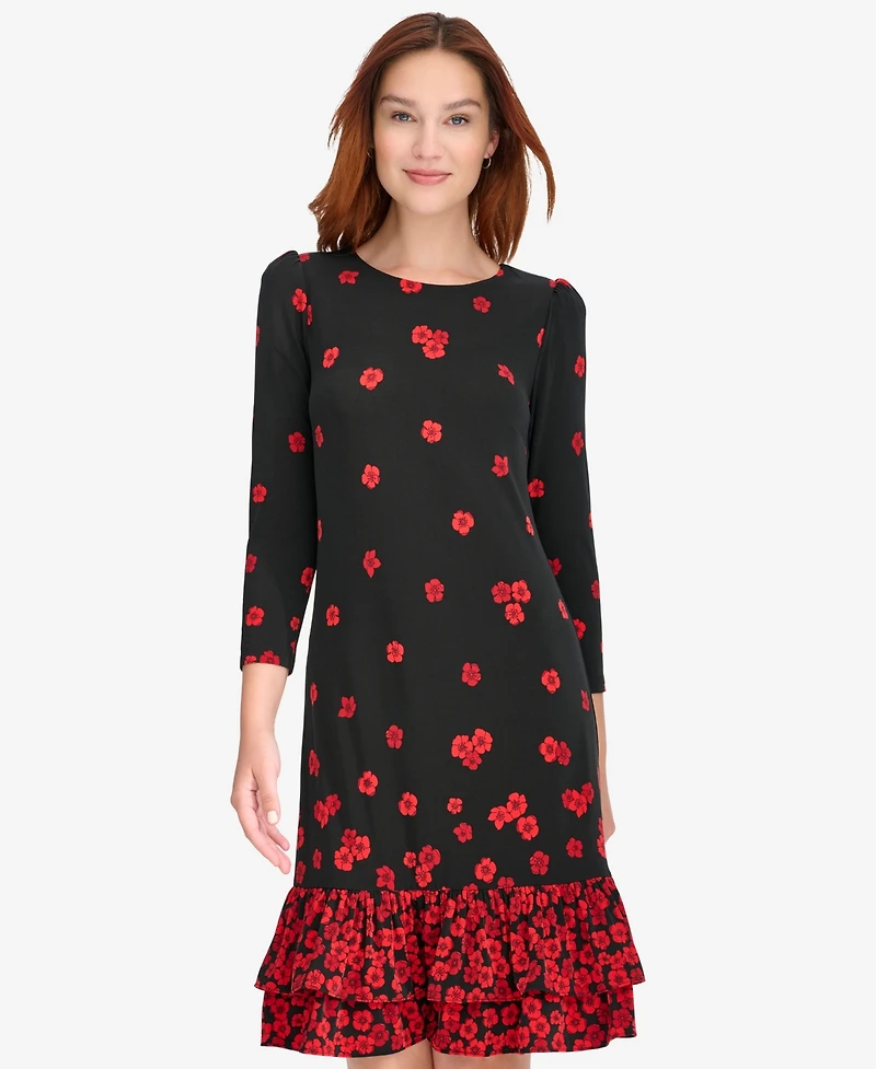 Tommy Hilfiger Petite Placement Print Ruffle Hem Dress