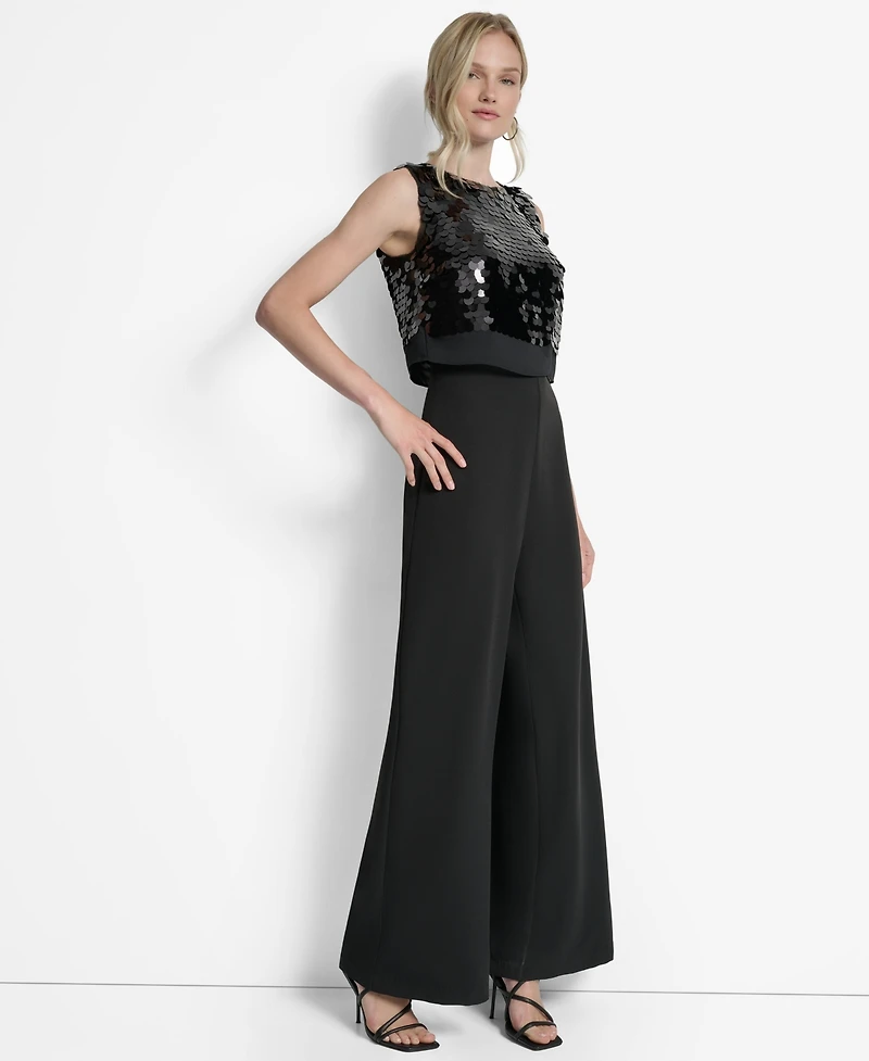 Dkny Women's Sleeveless Sequin Overlay Wide Leg Ankle Jumpsuit
