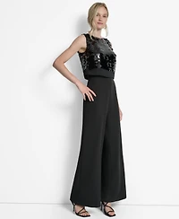 Dkny Women's Sleeveless Sequin Overlay Wide Leg Ankle Jumpsuit
