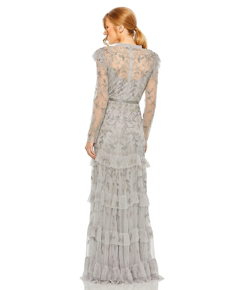 Mac Duggal Women's High Neck Flutter Cap Long Sleeve Tiered Embellished Gown