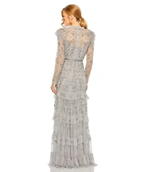 Mac Duggal Women's High Neck Flutter Cap Long Sleeve Tiered Embellished Gown