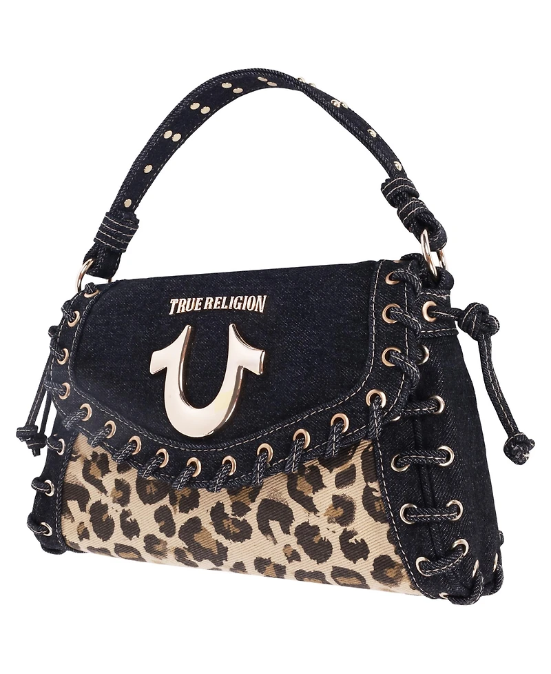 True Religion Denim Leopard Eyelet Trim Flap Bag