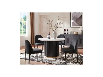 Morden Fort Glam 5-Piece Wood Round Dining Table with Black Boucle Chairs Metal Legs Dining Room Set for Kitchen