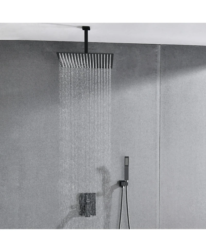 Rainsken Square Rain Shower System Faucet Set with Hand Shower, 16 inch Shower Head and Tub Spou, Matte Black