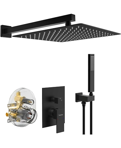 Rainsken Male Npt Bathtub Shower Faucet Set, Waterfall Tub Faucet with 12-Inch Matte Black Rain Shower Head System