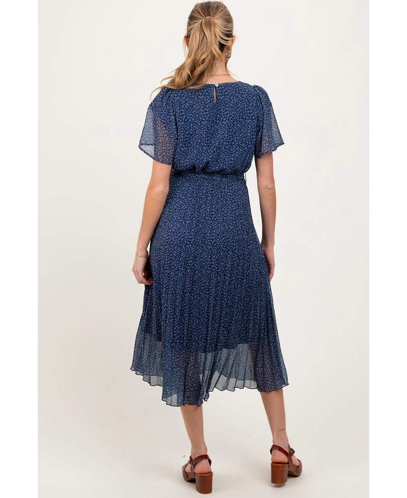 Pinkblush Maternity Navy Leaf Print Pleated Midi Dress