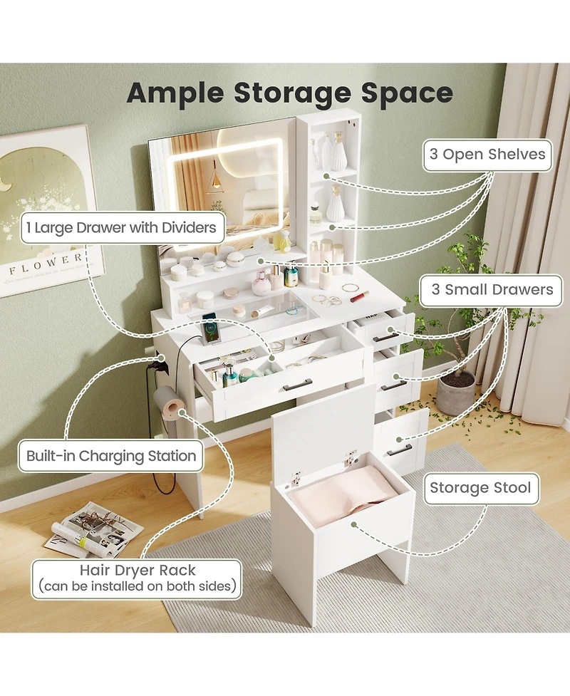 Dressing Desk with 3 Color Lighting and Hair Dryer Stand