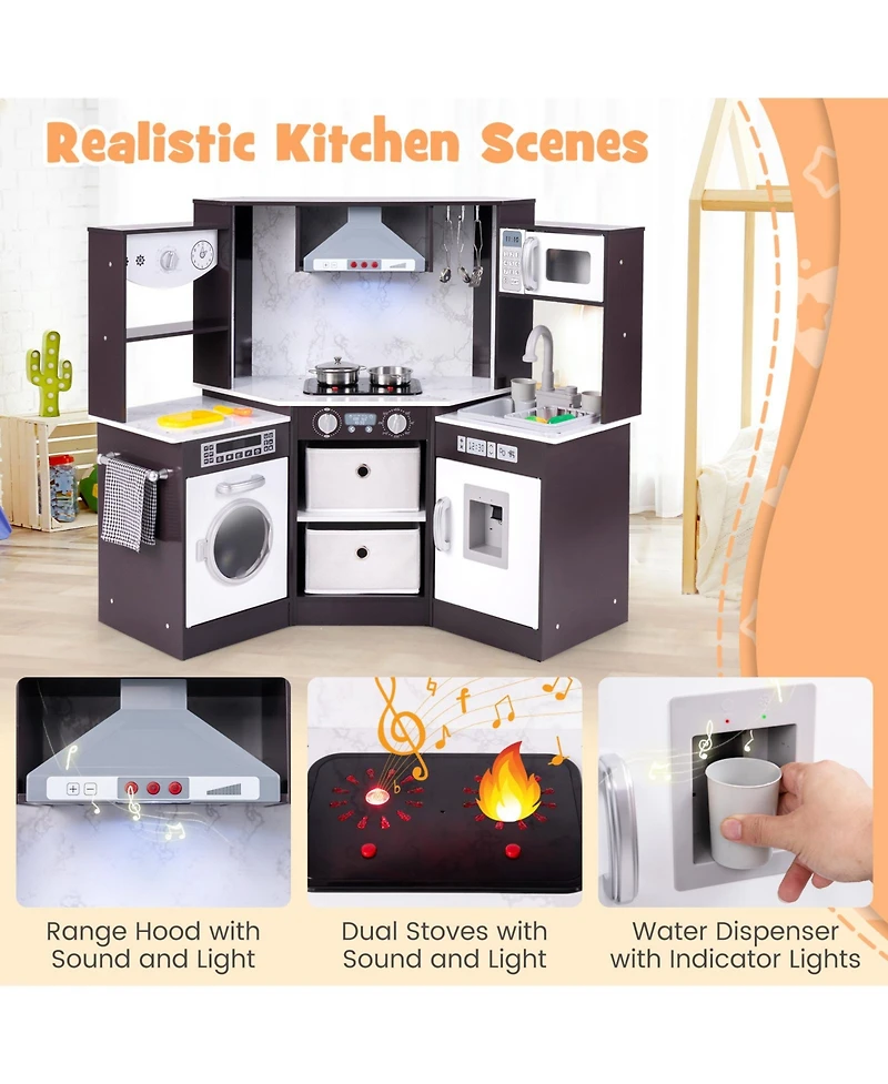 Wooden Kids Play Kitchen with Realistic Lights, Sounds, and Storage