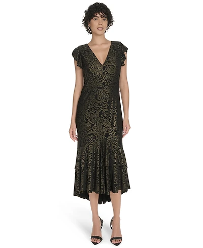 Tommy Hilfiger Petite Flutter Sleeve Foil Midi Dress