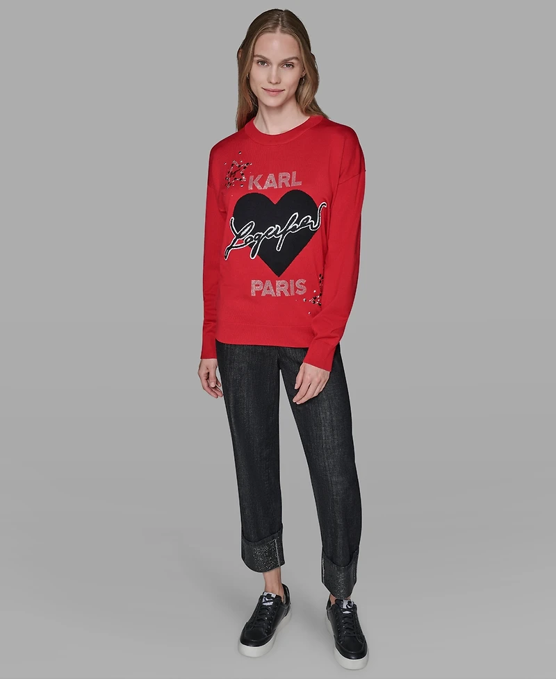 Karl Lagerfeld Paris Women's Long Sleeve Heart Detail Sweater