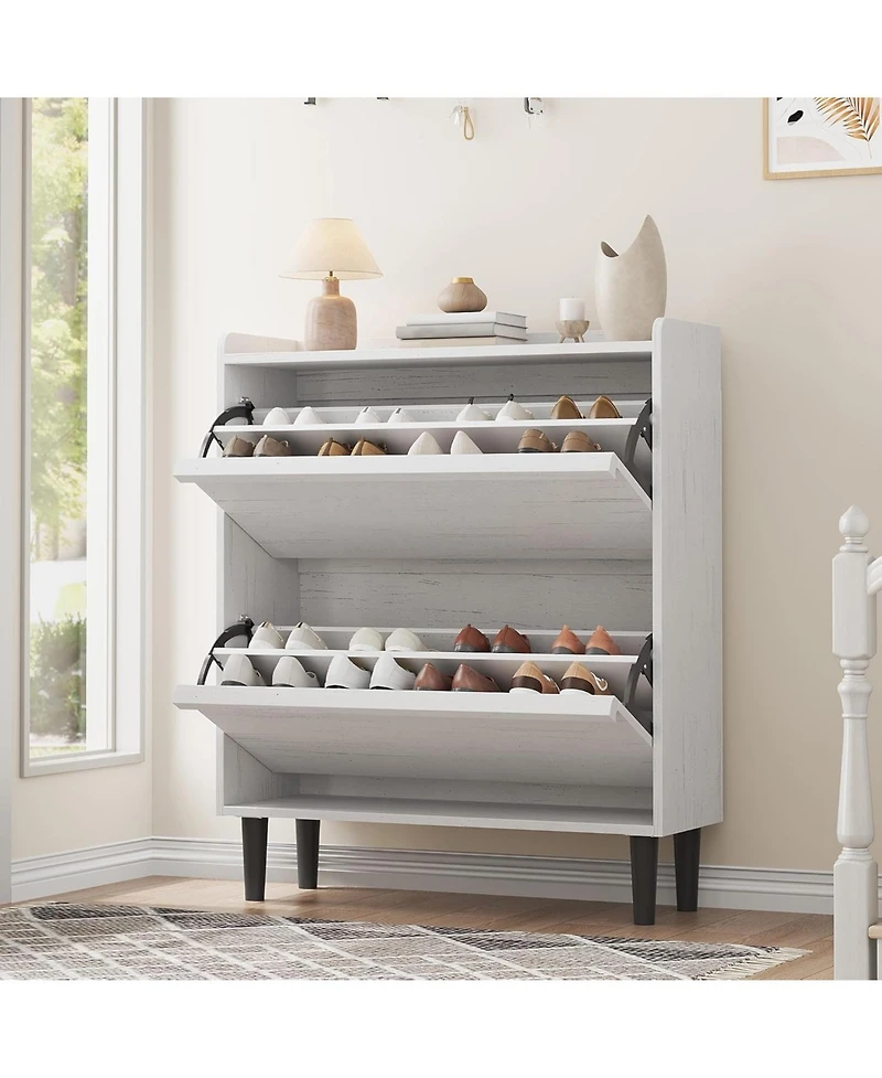 Shoe Cabinet with 2 Flip Drawers,Wooden Shoe Organizer Cabinet with Adjustable Shelf,Shoe Storage for Entryway, Hidden Shoe Cabinet for Hallway,White