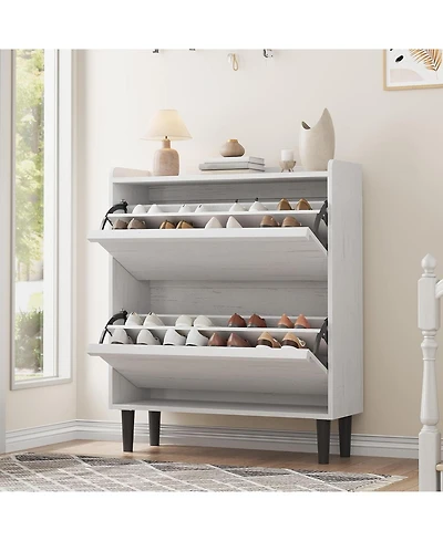 Shoe Cabinet with 2 Flip Drawers,Wooden Shoe Organizer Cabinet with Adjustable Shelf,Shoe Storage for Entryway, Hidden Shoe Cabinet for Hallway,White