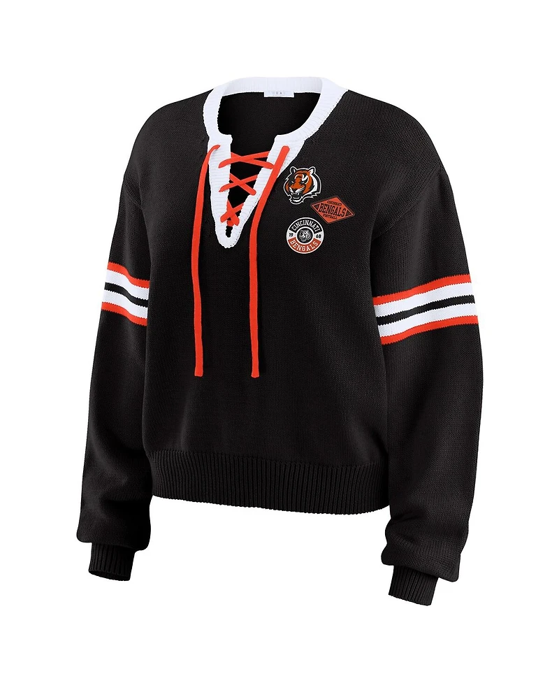 Wear by Erin Andrews Women's Black Cincinnati Bengals Lace-Up Sweater