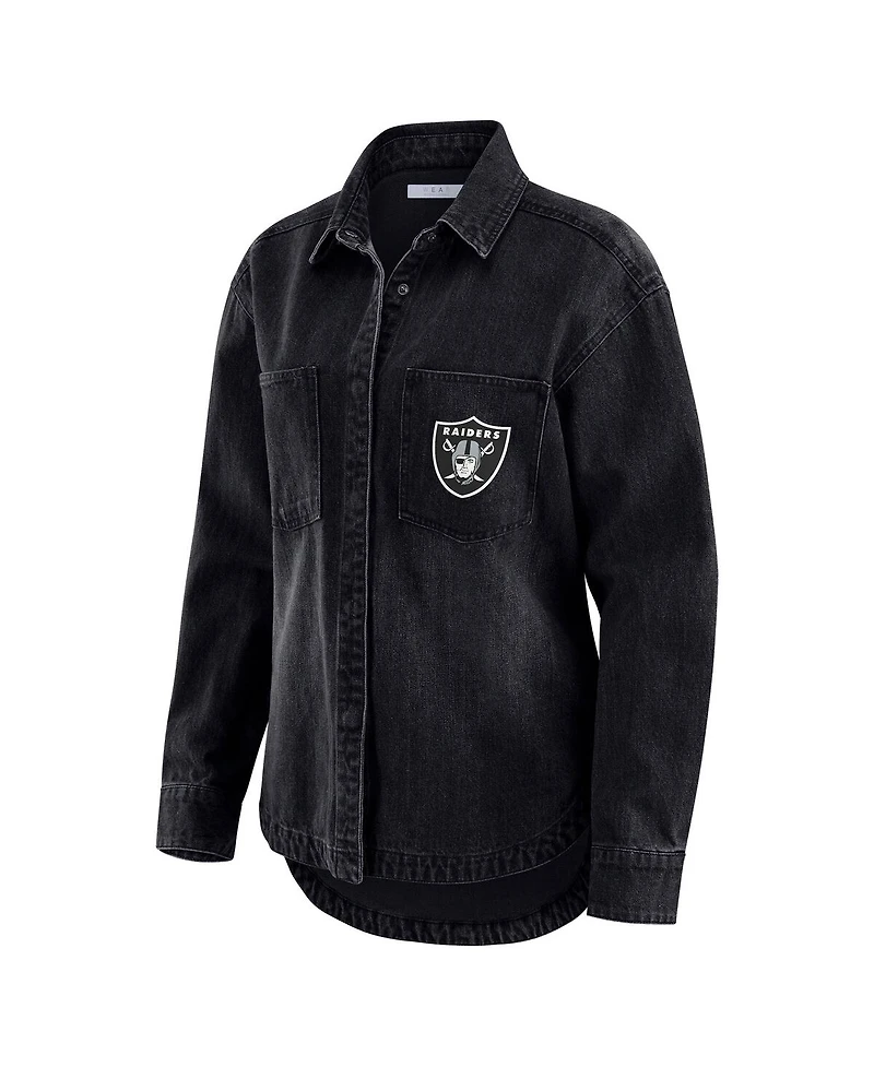 Wear by Erin Andrews Women's Black Las Vegas Raiders Washed Oversized Denim Full-Snap Shacket