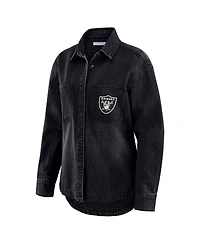Wear by Erin Andrews Women's Black Las Vegas Raiders Washed Oversized Denim Full-Snap Shacket