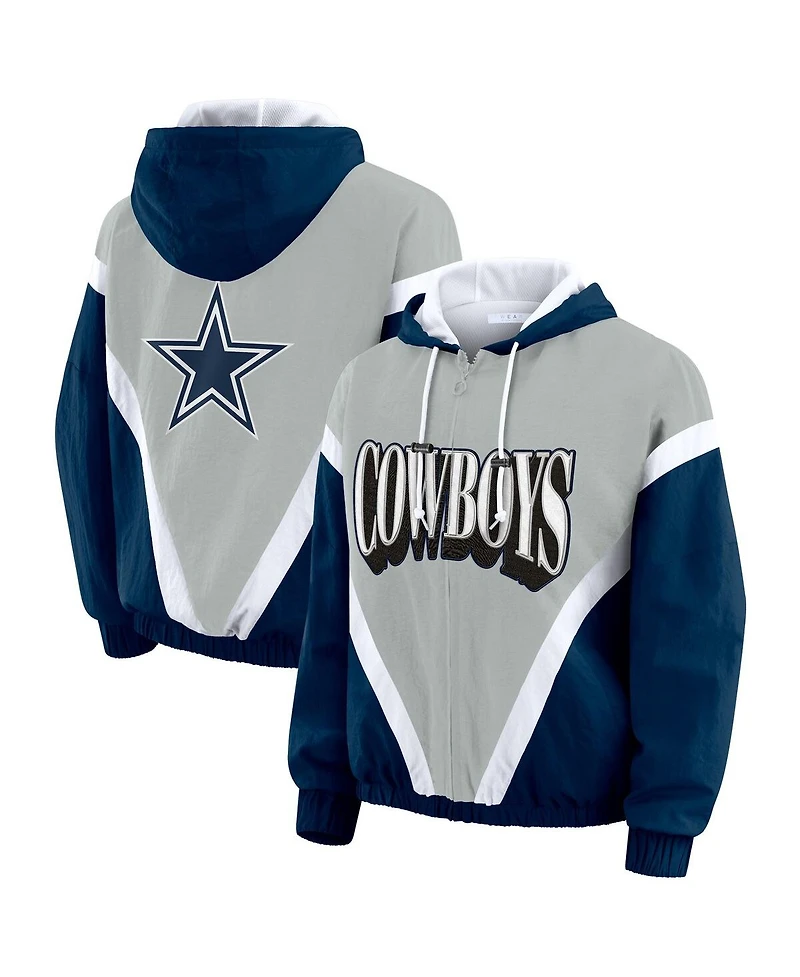 Wear by Erin Andrews Women's Navy/Gray Dallas Cowboys Plus Retro Crinkle Full-Zip Windbreaker Jacket