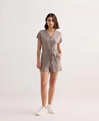 Reistor Women's V neck Drawstring Knit Romper Dusty brown