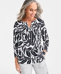 Style & Co Petite Split Neck Pintuck Fern Leaves Top, Macy's Exclusive