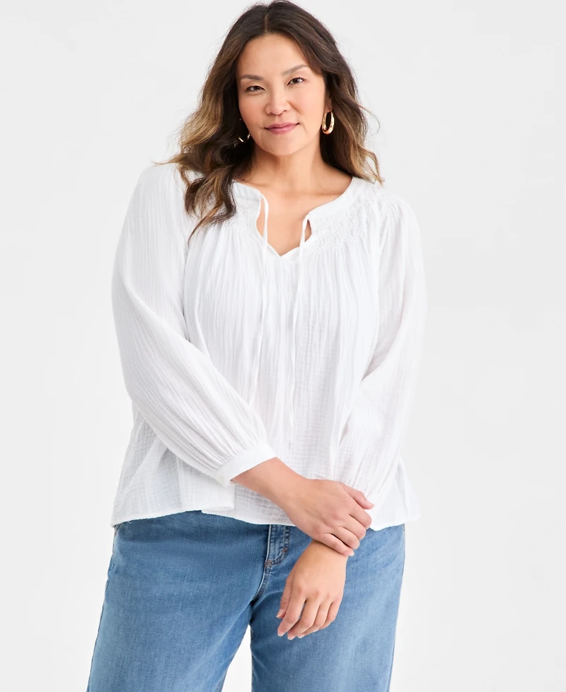 Style & Co Plus Cotton Smocked Tie-Neck Top, Macy's Exclusive
