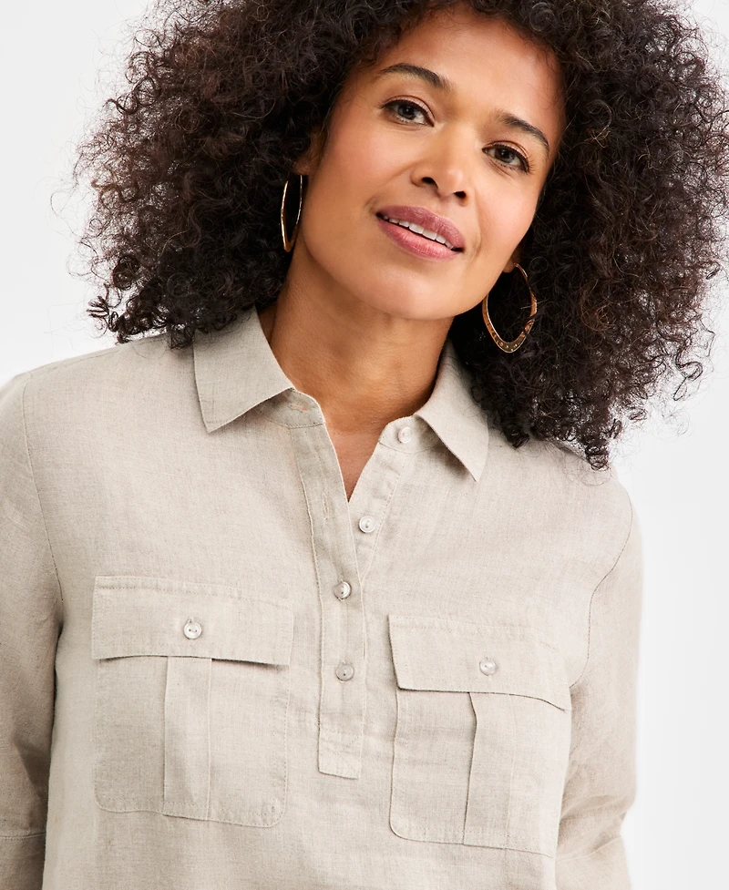 Charter Club Women's 100% Linen Solid Half-Placket Elbow-Sleeve Blouse, Macy's Exclusive