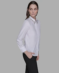 Karl Lagerfeld Paris Women's Collared Long Sleeve Embellished Top