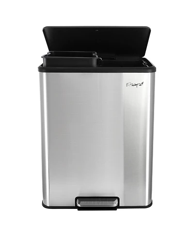 Elama 60 Liter 2 Compartment Large 8 Gallon Split Stainless Steel Step Trash Bin with Slow Close Mechanism